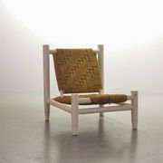 Charlotte Perriand Style Low Seat White Wicker Oak Lounge Chair and Stool