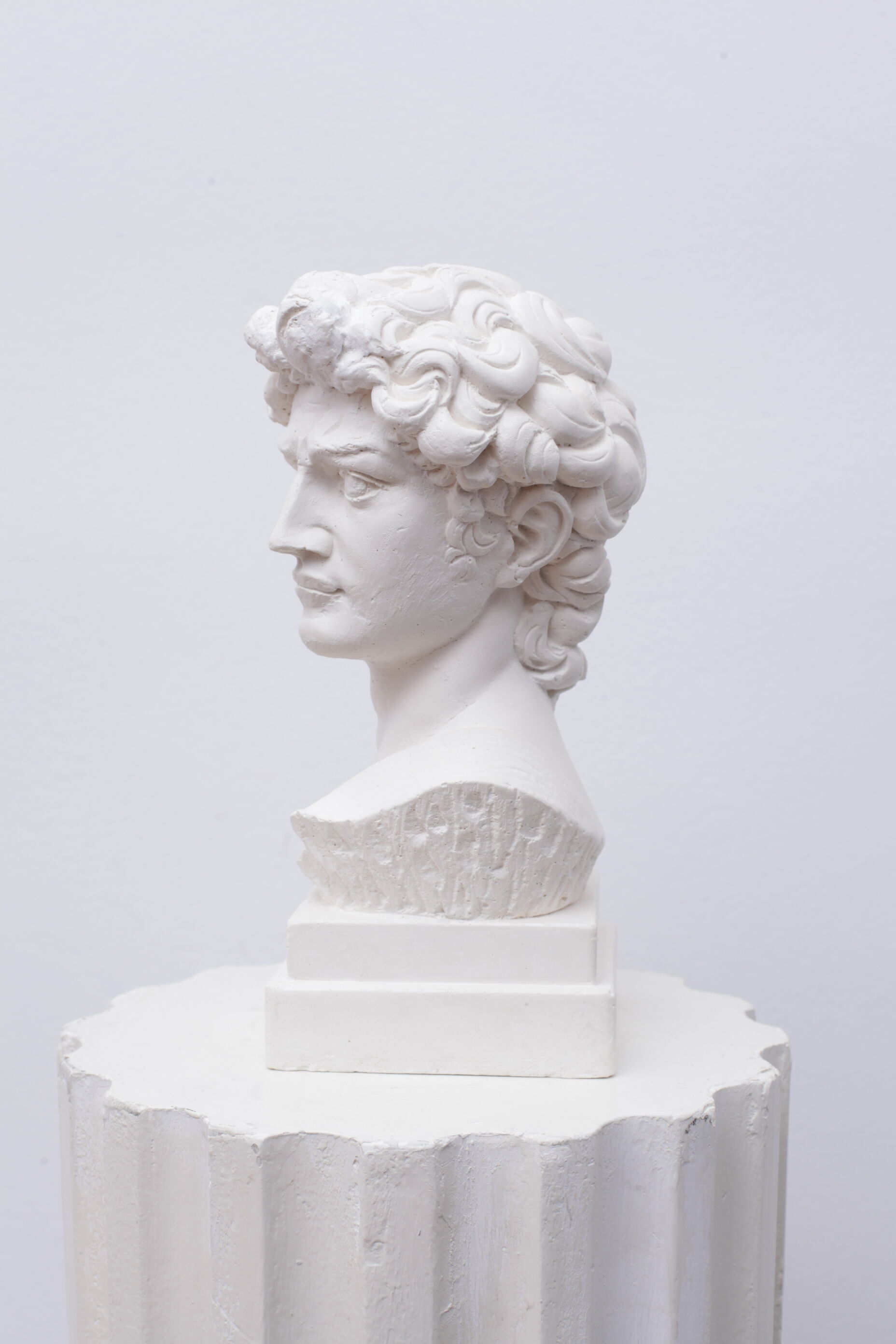 Head David in white plaster Roman Greek sculpture