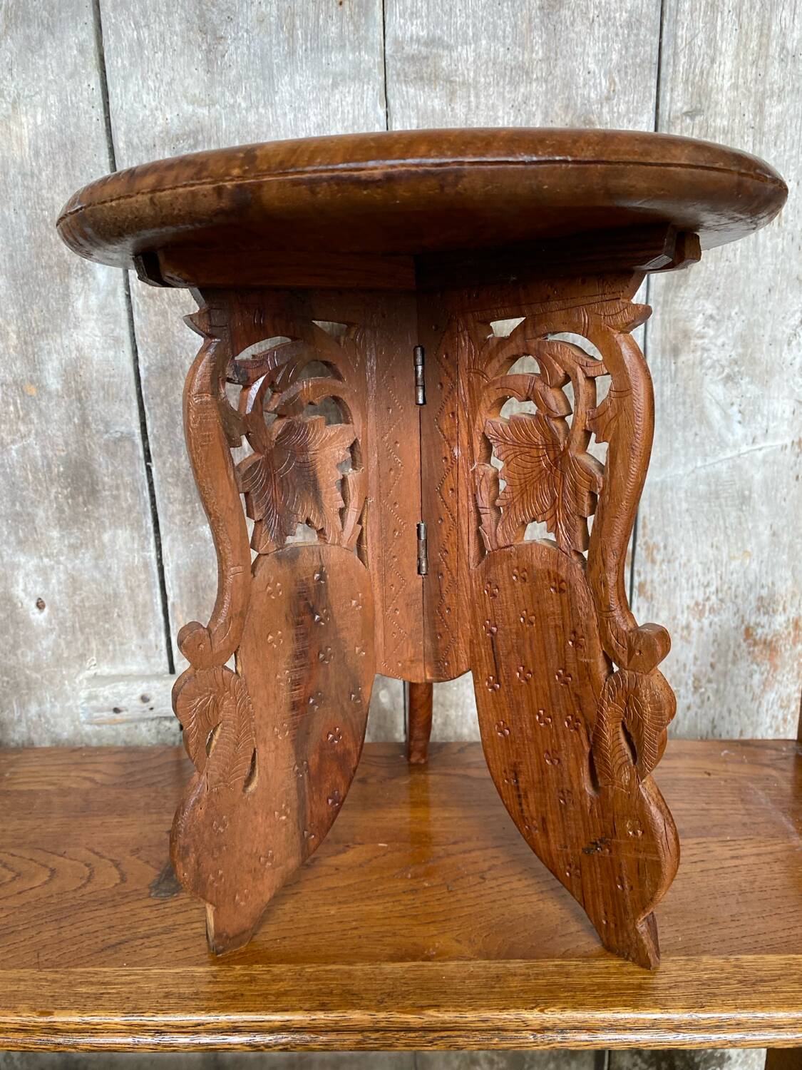 Antique tripod coffee table carved wood & brass inlaid india vintage