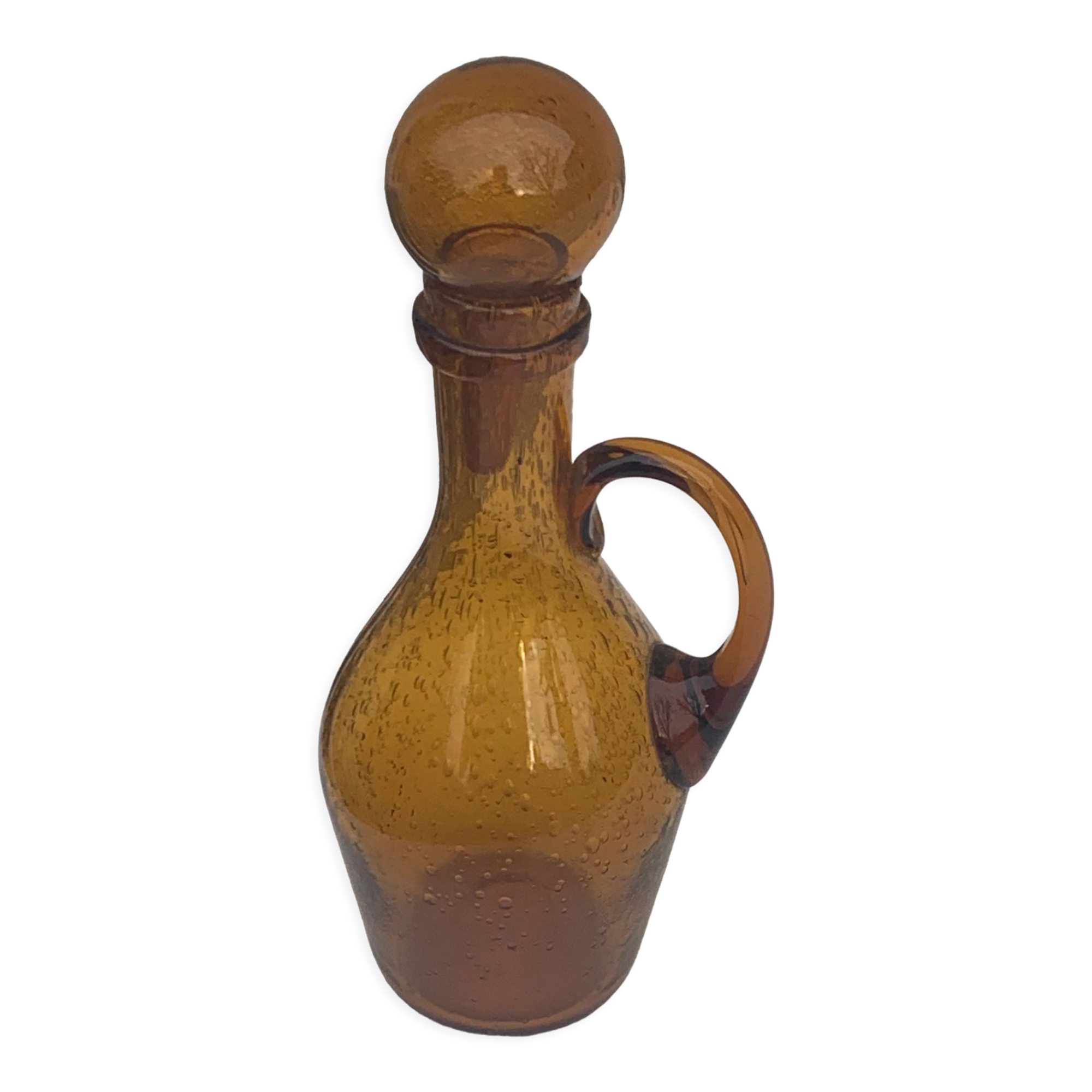 Carafe, flacon en verre soufflé jaune doré verrerie de biot signé, vintage