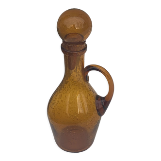 Carafe, golden yellow blown glass bottle Biot glassware signed, vintage