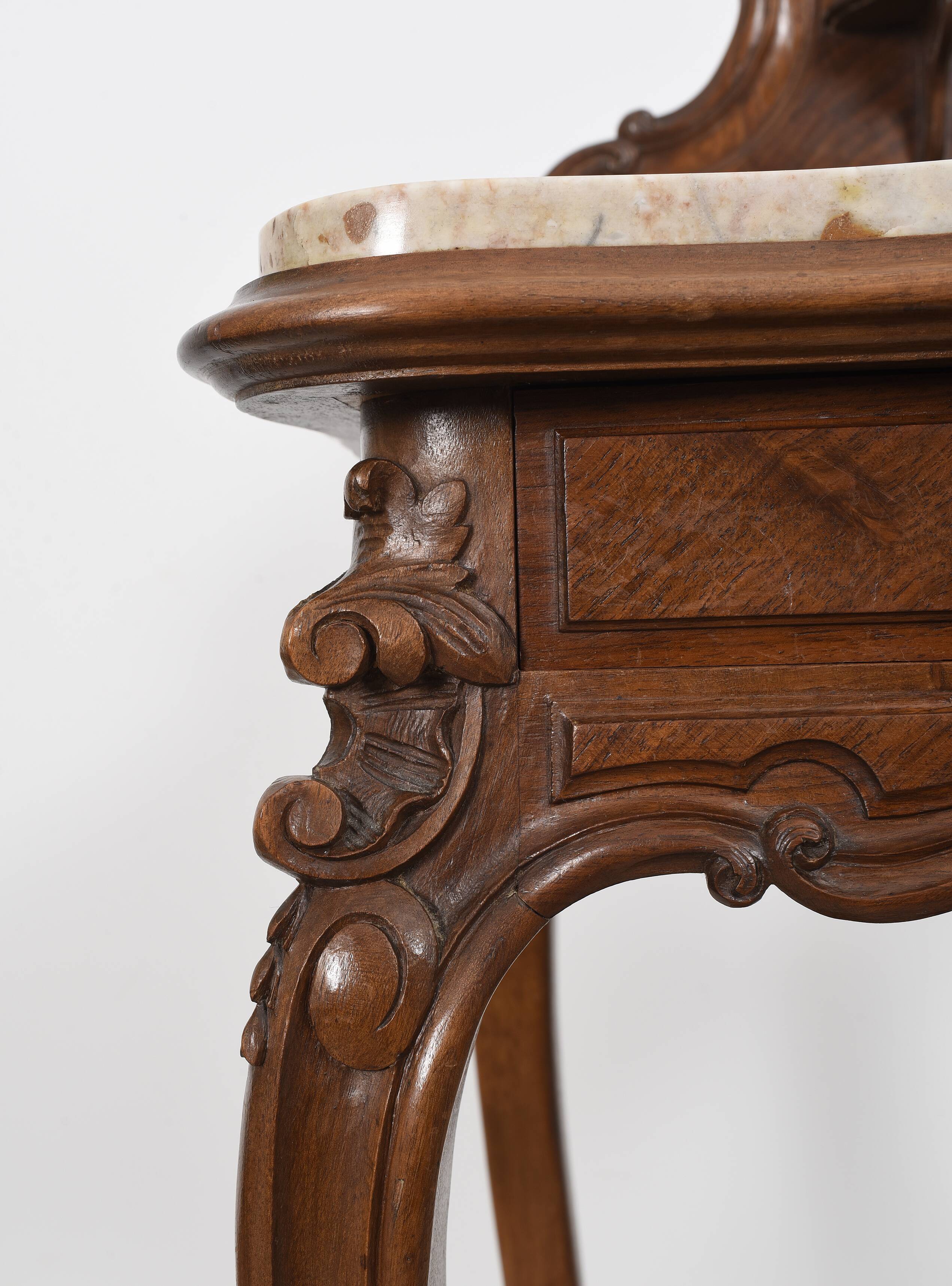 Pedestal table, old bedside table, Louis XV style, in wood and marble