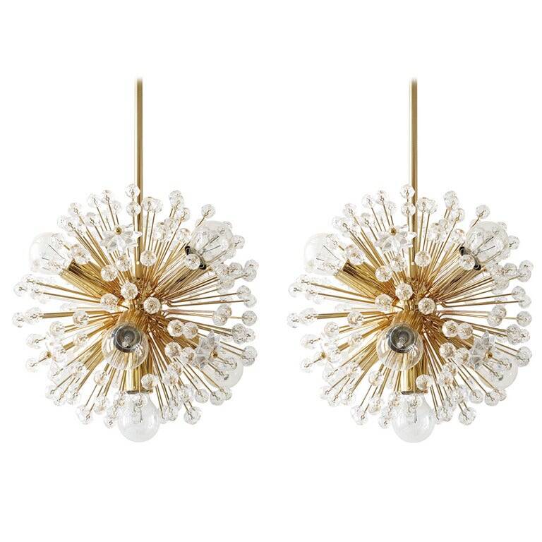 Two golden Sputnik ball chandeliers by Emil Stejnar, Austria, 1970s.