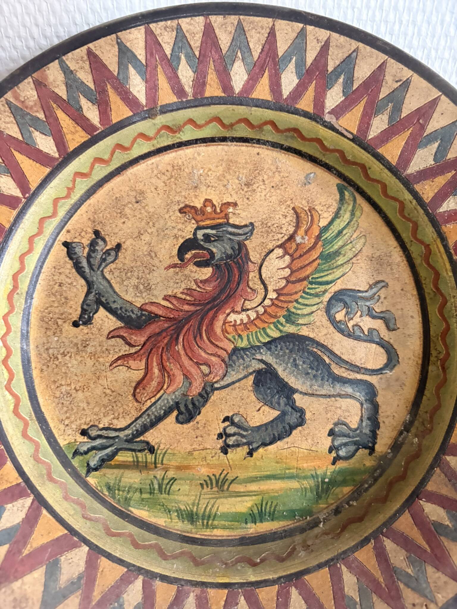 Mural Plate Montopoli Arno Italy 1930 Crowned Griffin Tuscan Majolica
