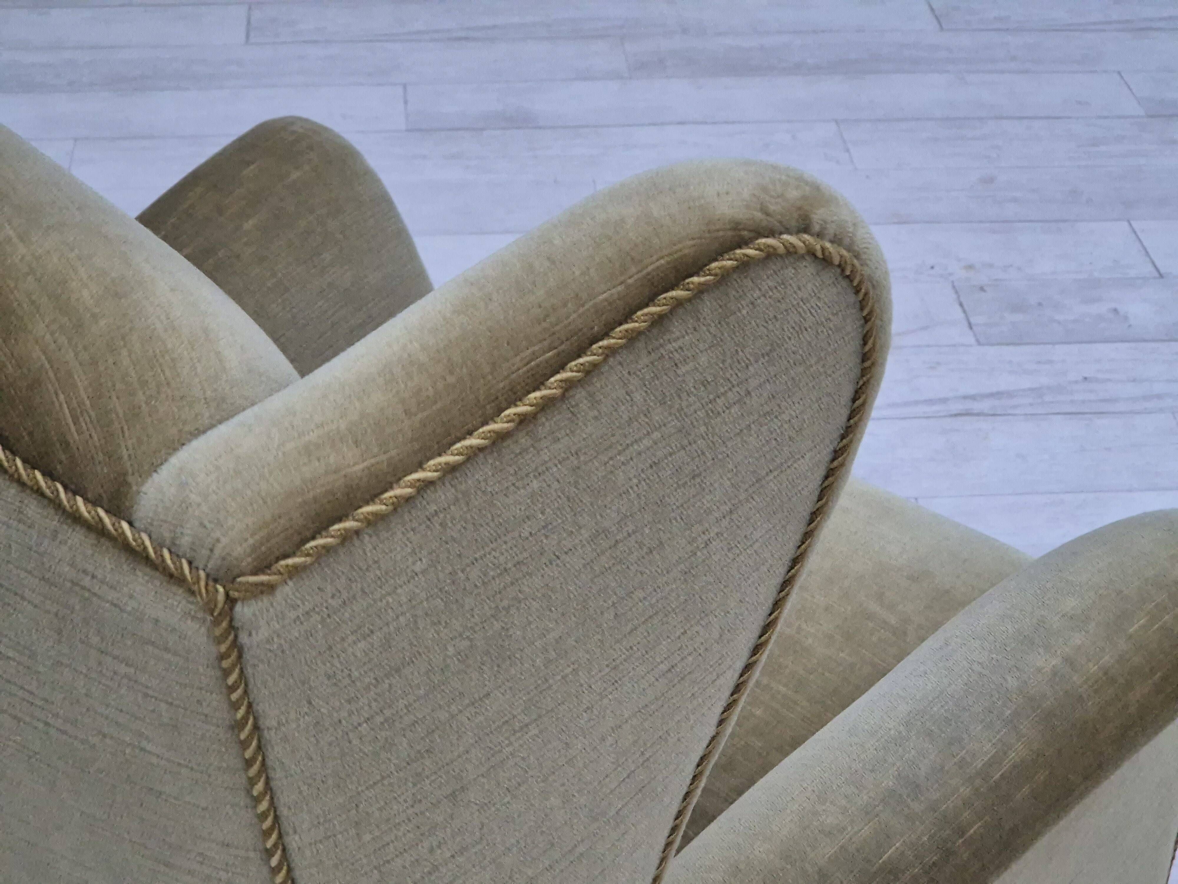 1970s, Danish design, wingback armchair, original condition, furniture velour, beech wood legs.