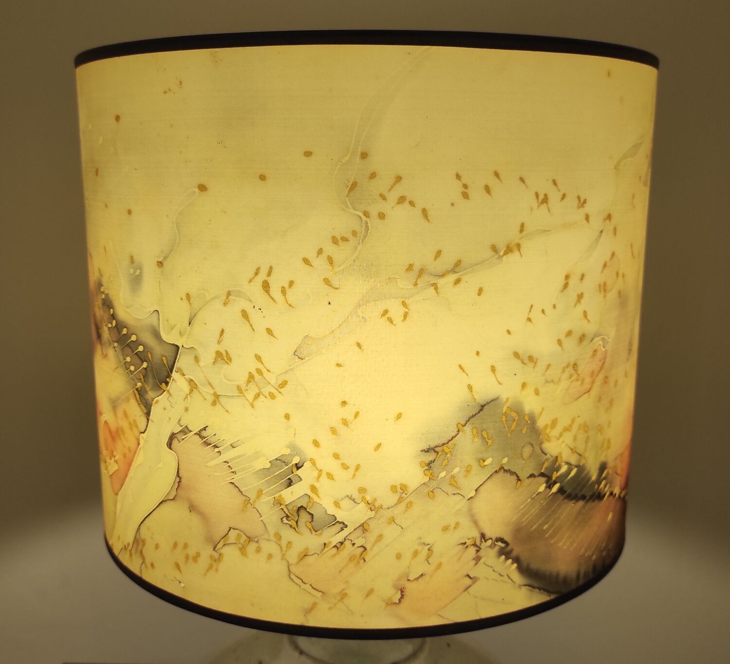 Vintage ceramic lamp signed & hand-painted silk shade 70s