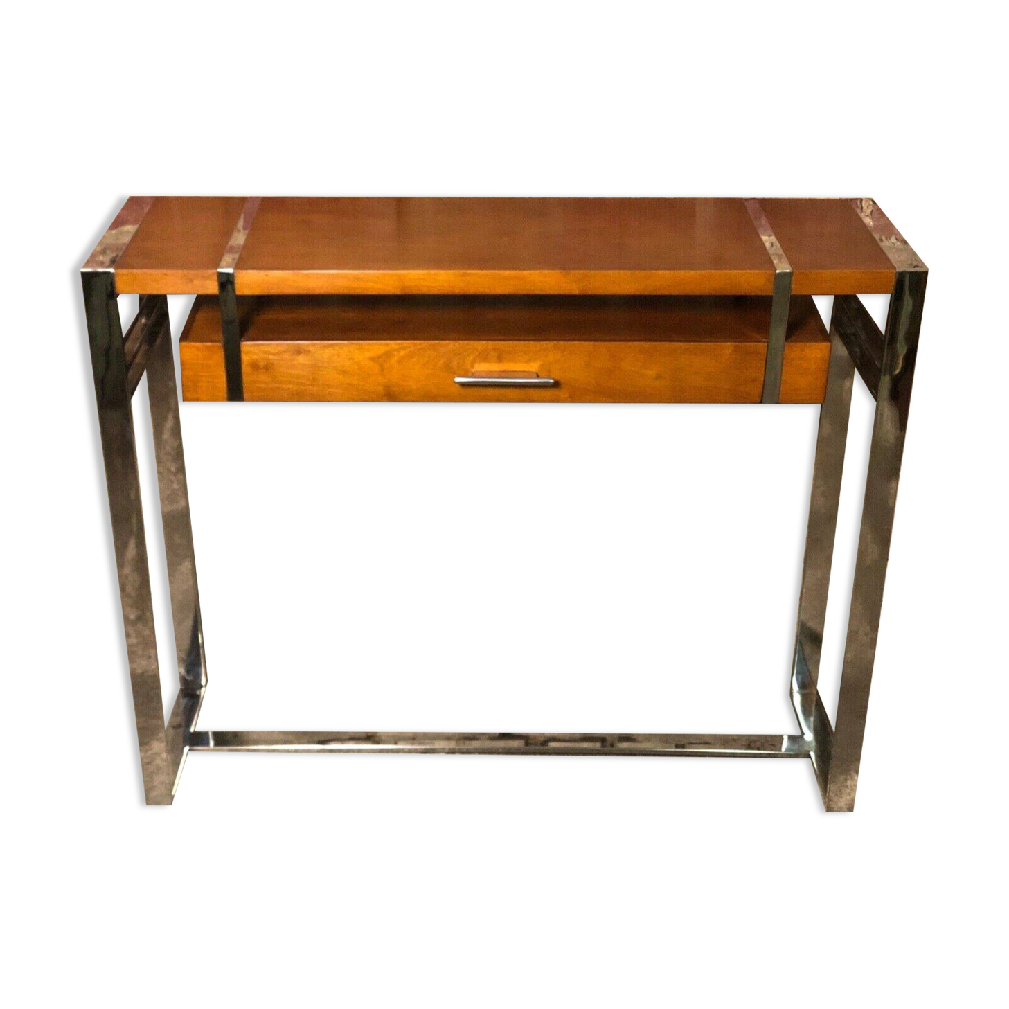 Art Deco style console in dark walnut rubber tree and chrome foot