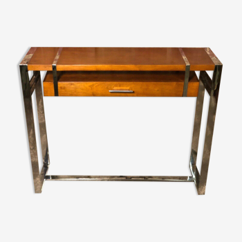 Art Deco style console in dark walnut rubber tree and chrome foot