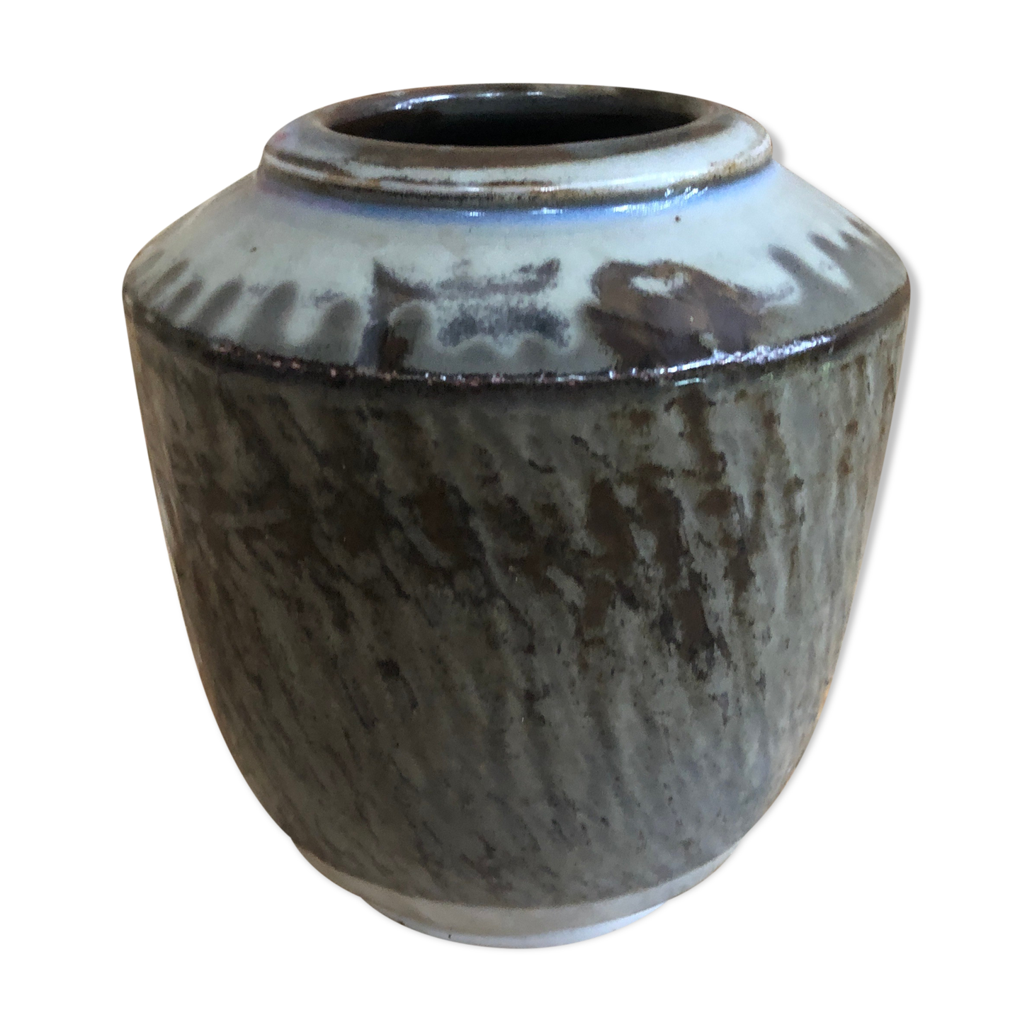 Old Ceramic Vase White Brown Grey 70s Signature Vintage