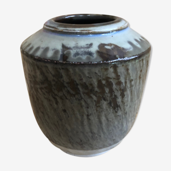 Vase céramique blanc marron gris années 70 signature vintage