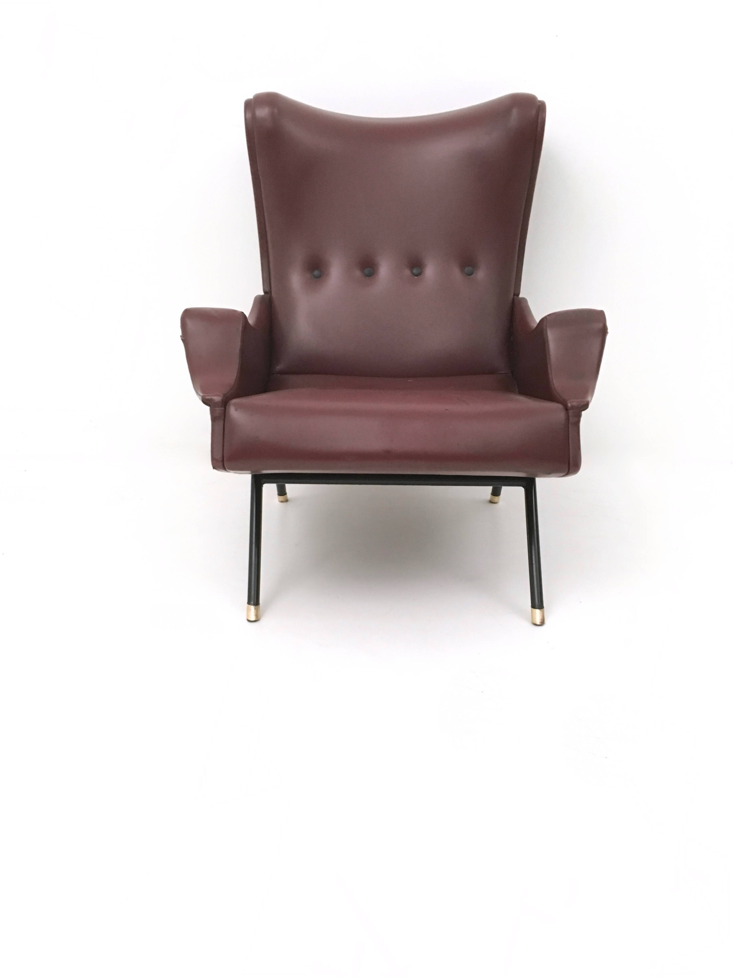 Burgundy Skai, Brass and Metal Lounge Chair, Italy