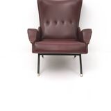 Burgundy Skai, Brass and Metal Lounge Chair, Italy