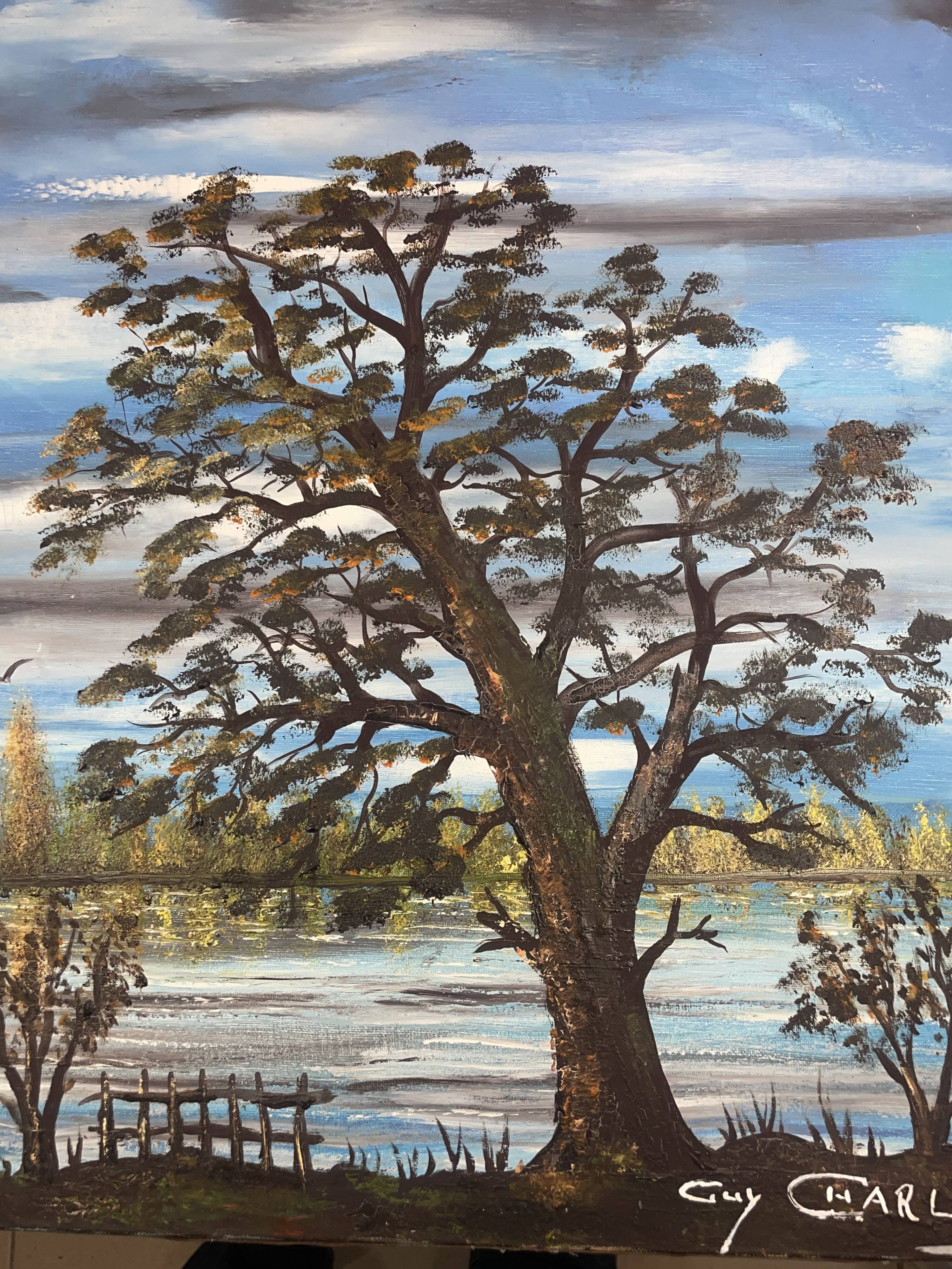 Lake landscape, Vendée marshes, oil on canvas signed Guy Charles