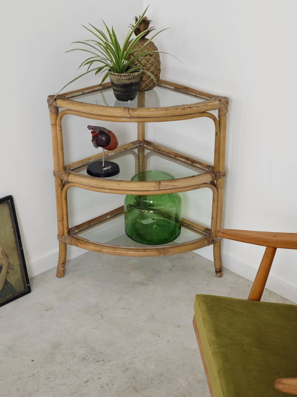 Rattan and glass corner shelf 1970