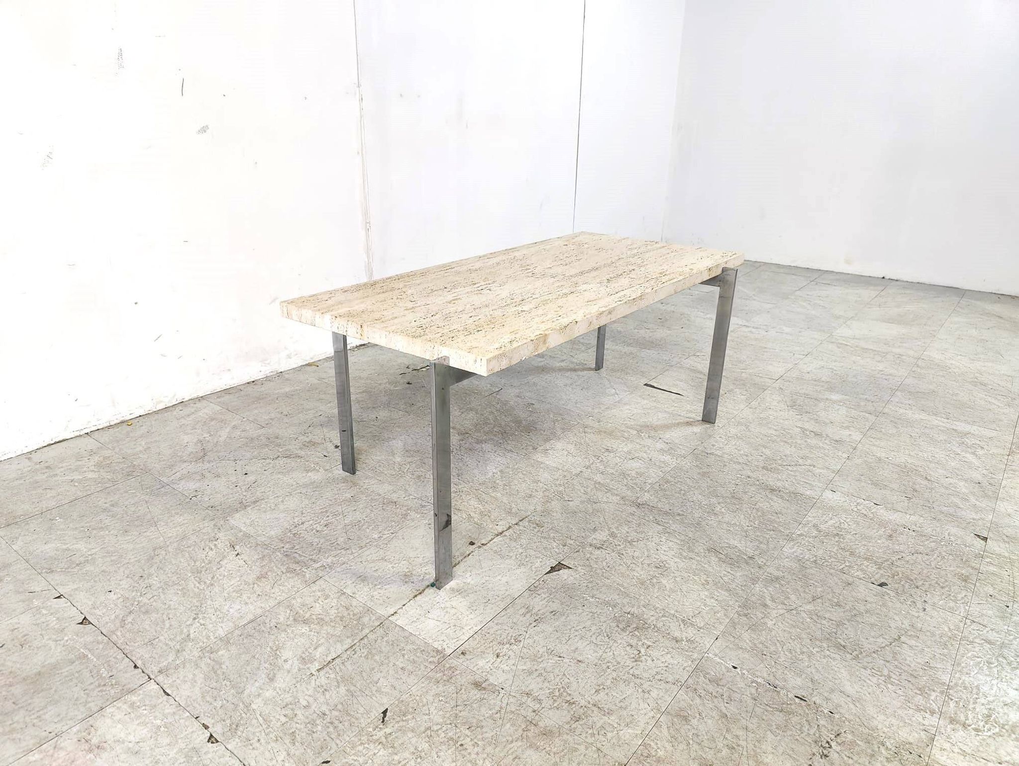 Table basse vintage en travertin et chrome, années 1970