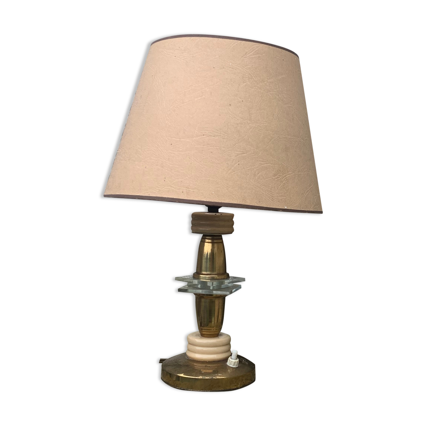 Table lamp in gilded metal, bakelite and antique plexiglass