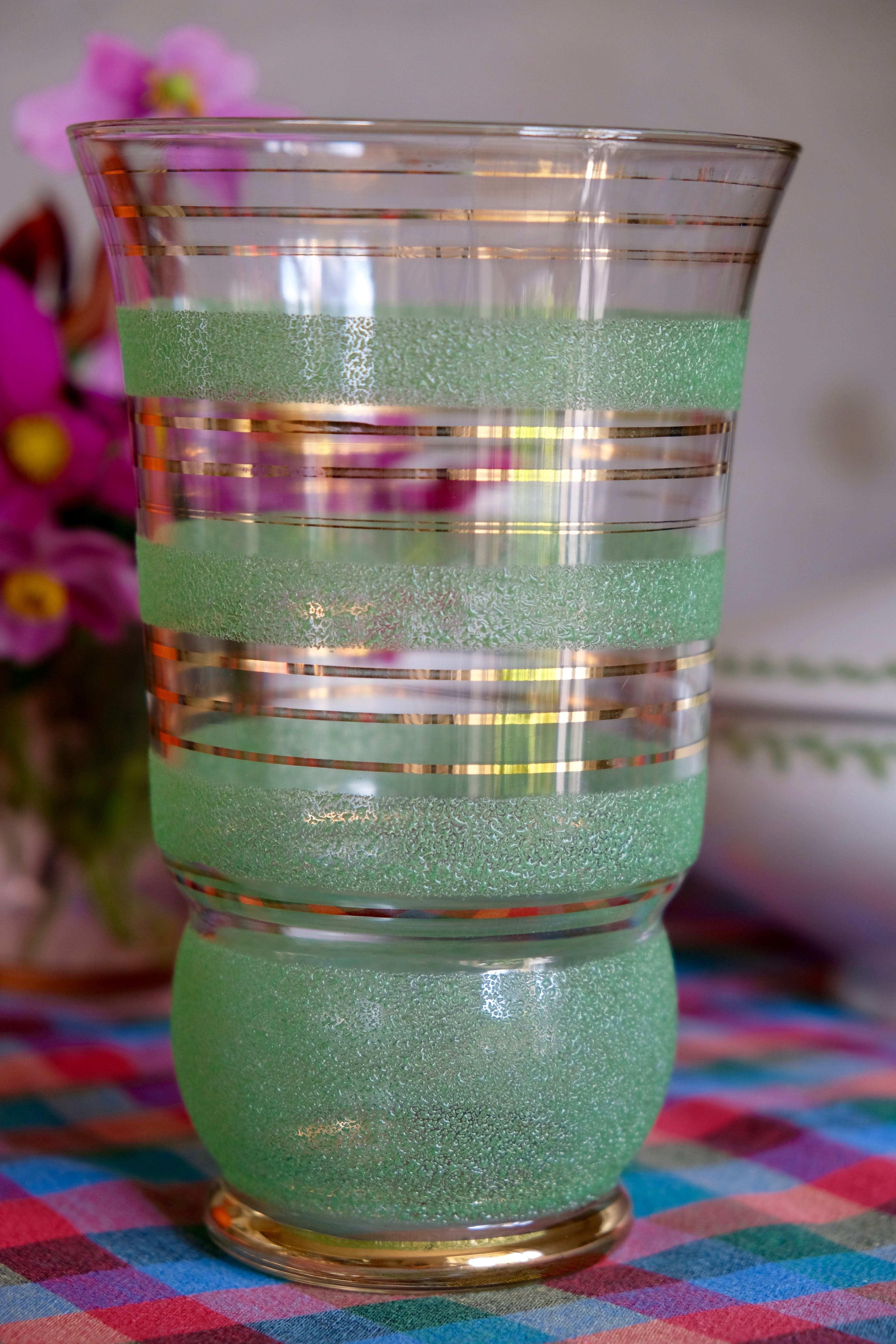 Granite glass vase almond green and golden 1950