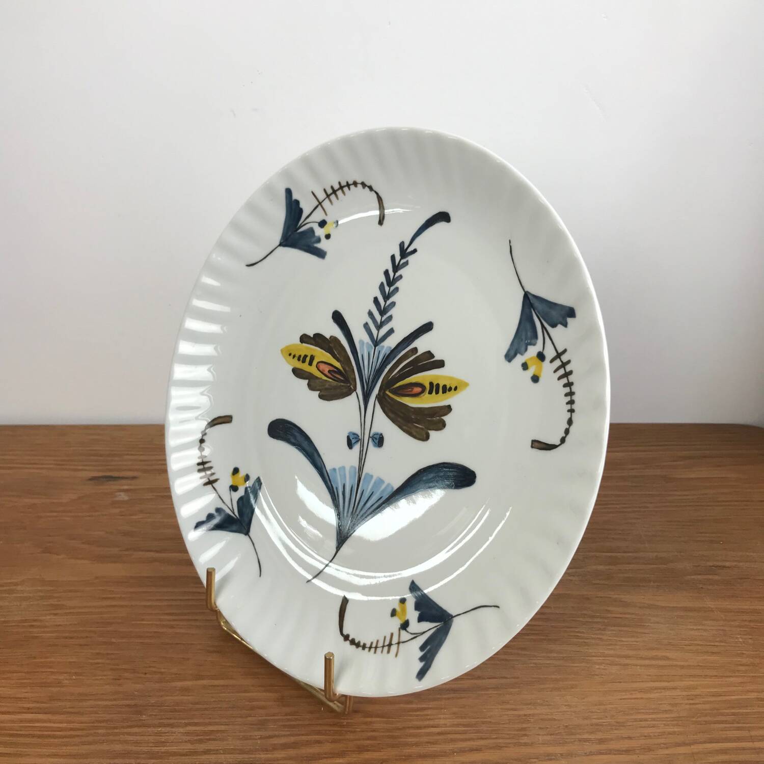 Flat Plate or Small Round Porcelain Dish Signed Nelly Abstract Flower
