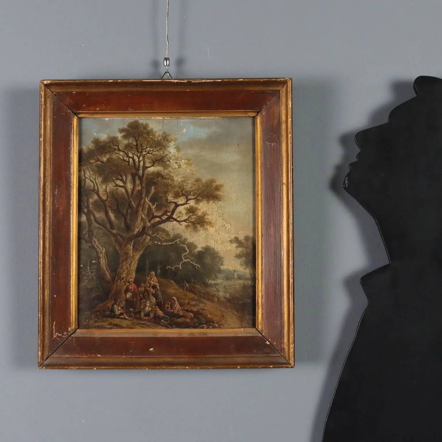 Peinture ancienne paysage avec voyageurs, huile sur panneau, '700