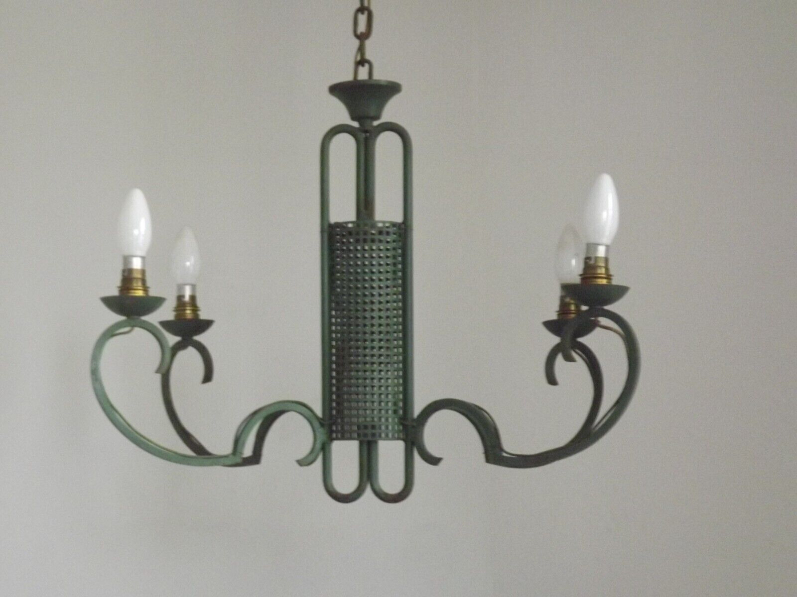 Green iron 4 light chandelier with scrolled arms