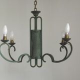 Green iron 4 light chandelier with scrolled arms