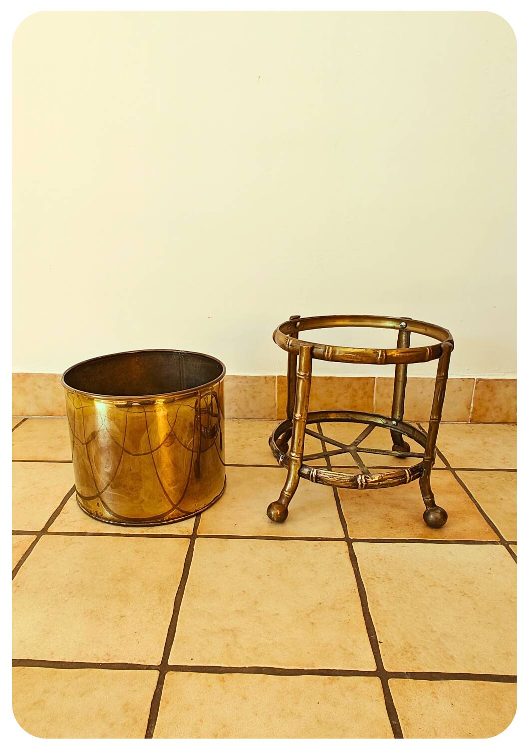 Pot de fleurs vintage en laiton faux bambou Maison Bagues