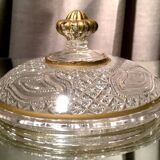 Butter dish or candy dish in pressed glass molded with golden rim