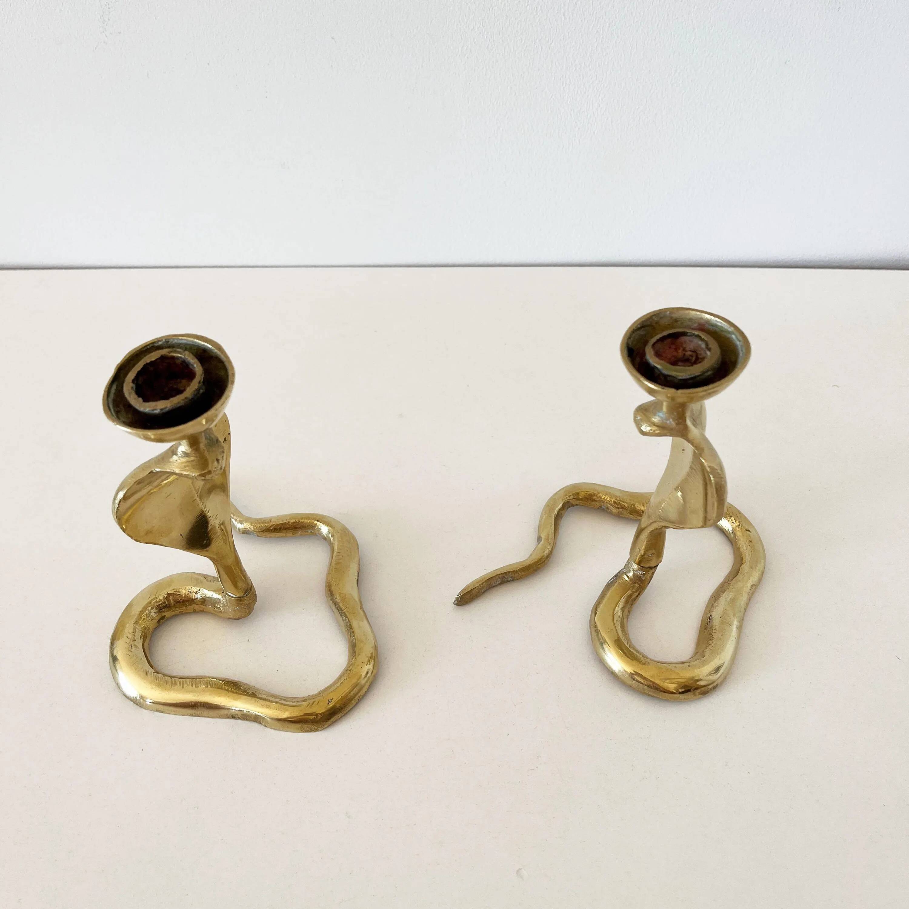 Pair of vintage brass snake candlesticks