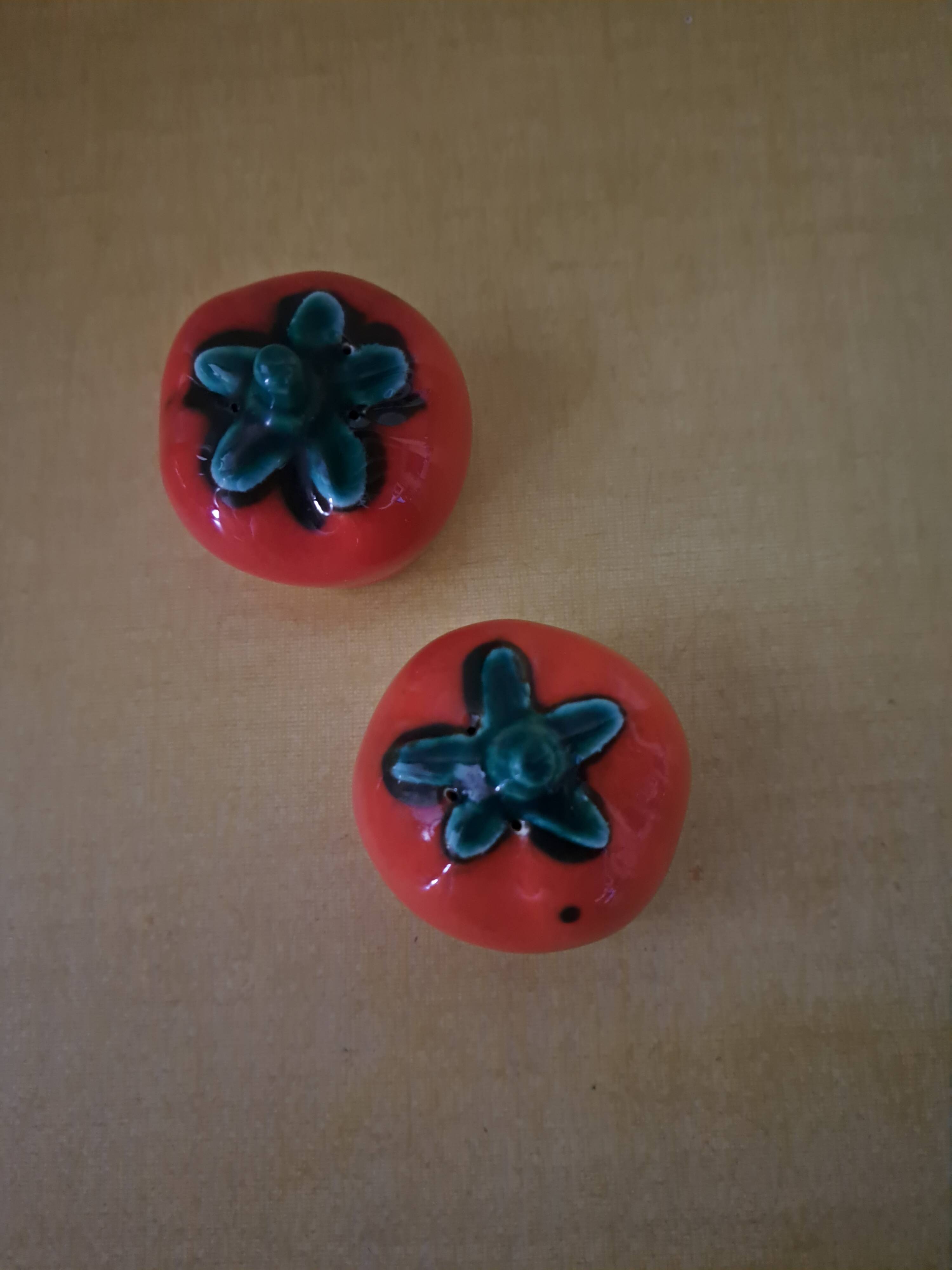 Vintage slip tomato salt and pepper shakers