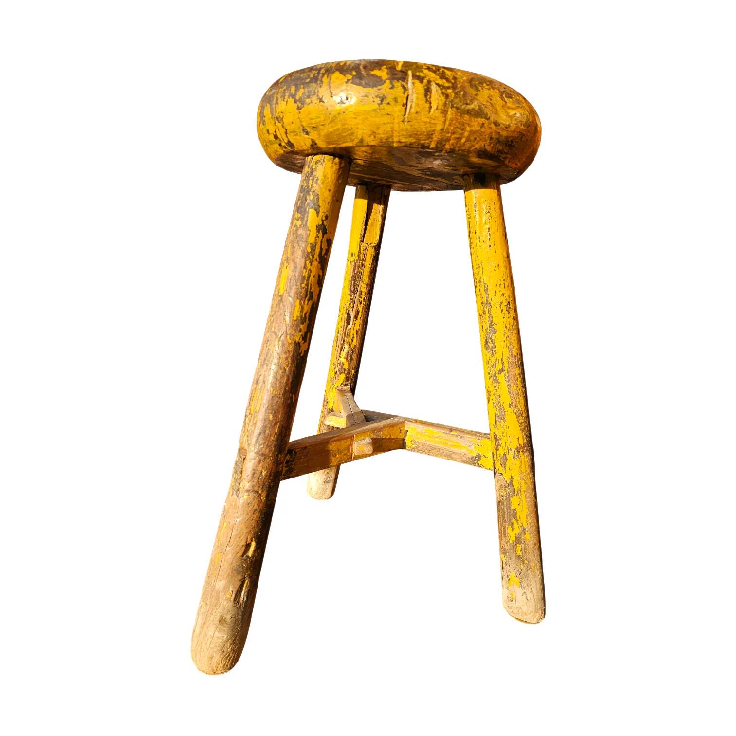 Primitive wooden tripod stool / height 52 cm