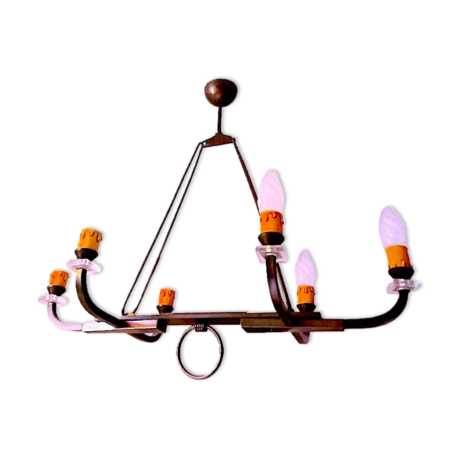 Certified Maison Lunel, bronze chandelier six lights, France mid-century