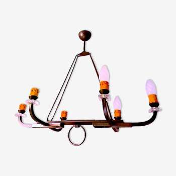 Certified Maison Lunel, bronze chandelier six lights, France mid-century