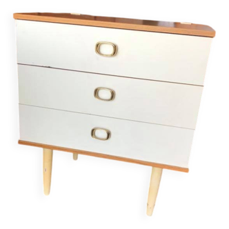 Vintage 1960s white and light wood chest of drawers, 3 drawers, Mid-Century style.