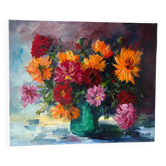 Huile sur toile "Dahlias", années 1990