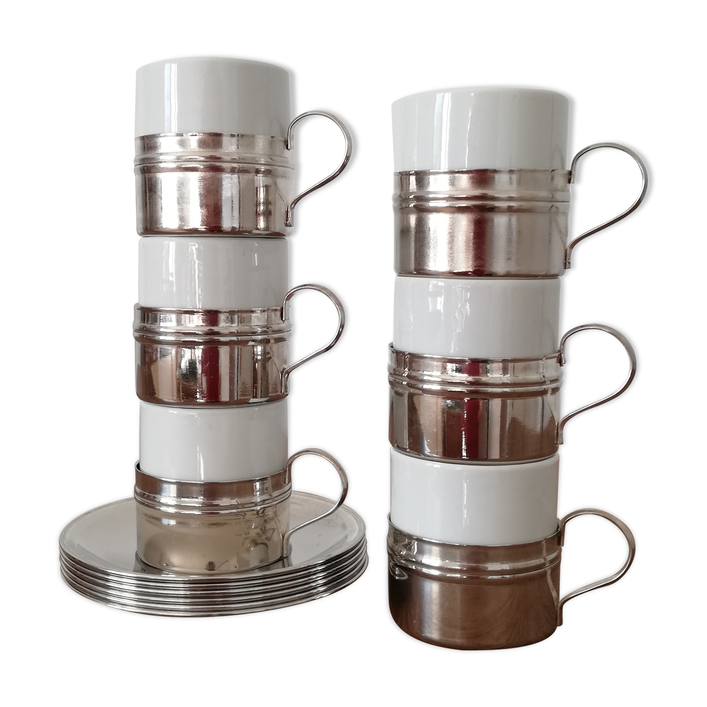 6 ceramic and metal coffee cups