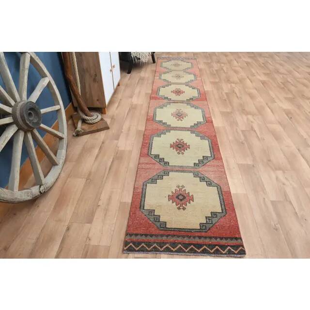 Turkish runner, vintage Oushak wool runner, geometric 70s runner 78x411