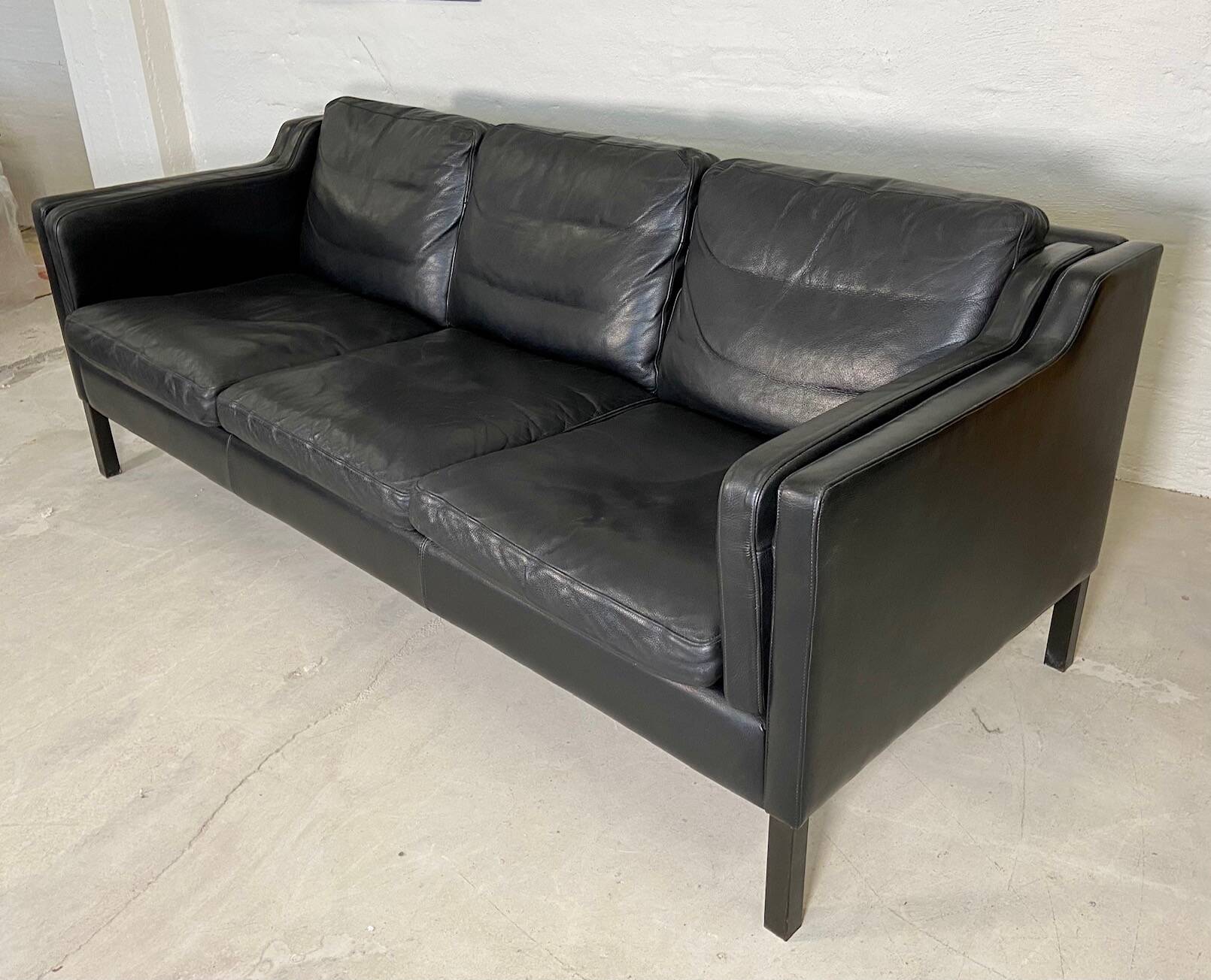 Vintage danish black leather 3 person stouby sofa
