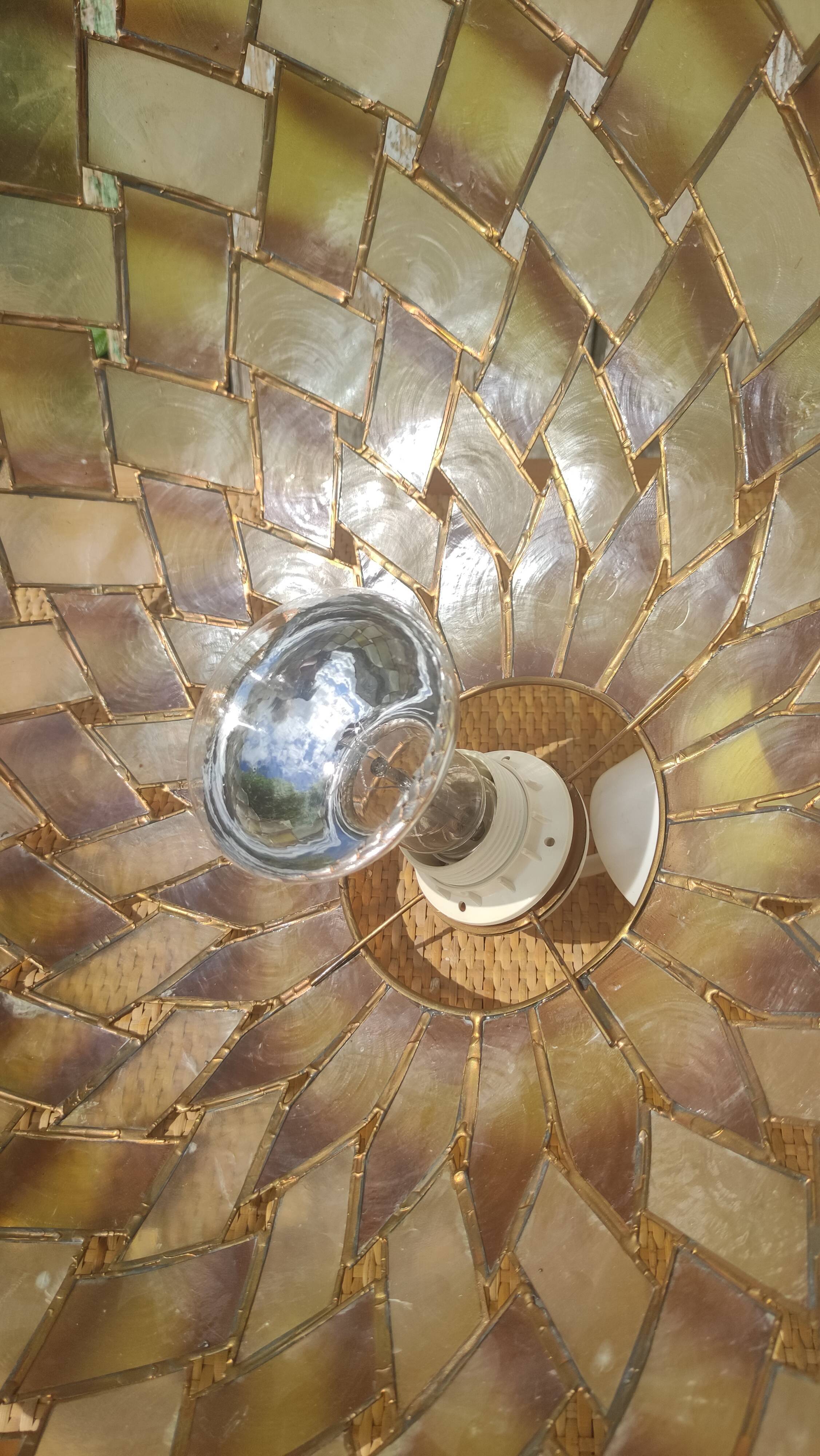 Large vintage pendant lamp in mother-of-pearl and brass