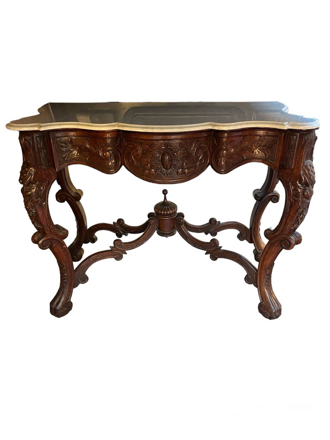 Console in carved solid oak and marble top
