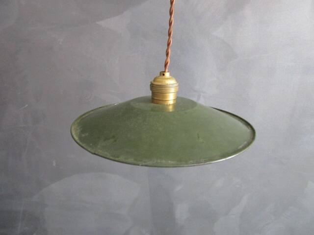Old pendant light in green enameled sheet metal
