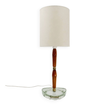 Scandinavian table lamp in glass, wood and brass 1960 Nybro Armaturfabrik