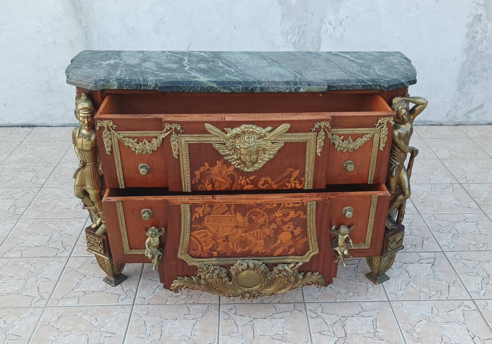 Louis XVI style commode in beech, bronze and marble.