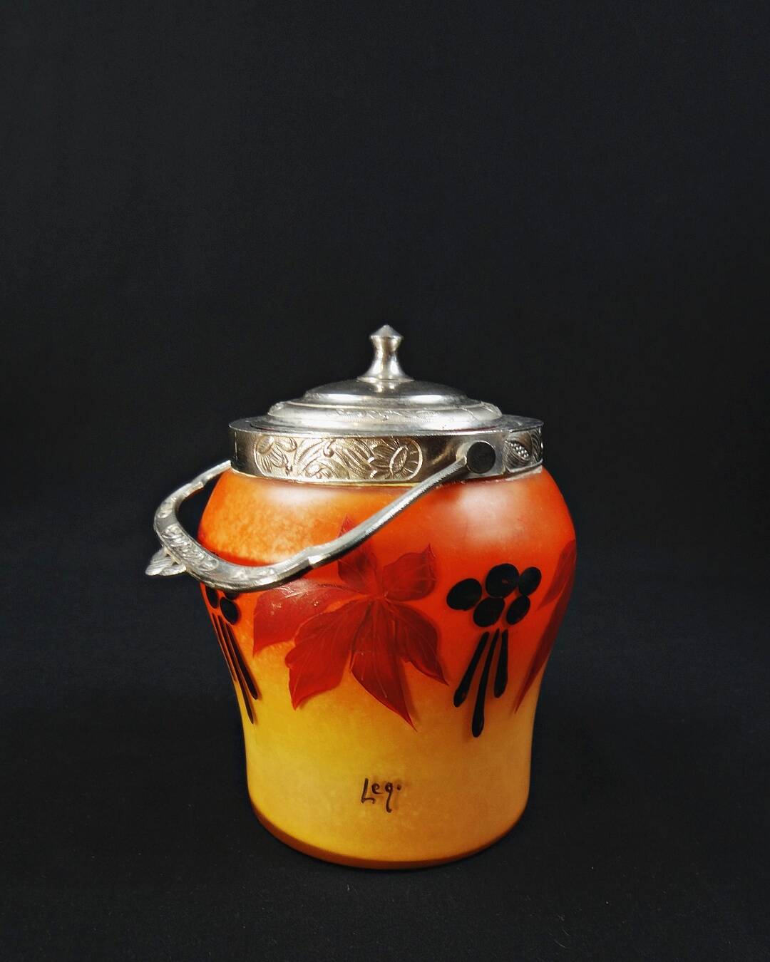 Legras-Montjoye enameled & painted glass biscuit bucket, Art Deco period