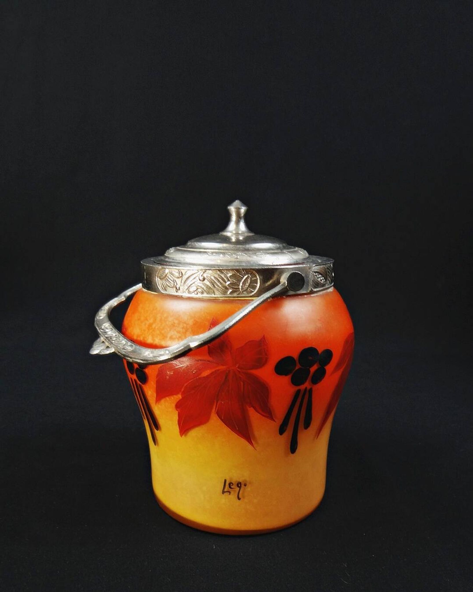 Legras-Montjoye enameled & painted glass biscuit bucket, Art Deco period