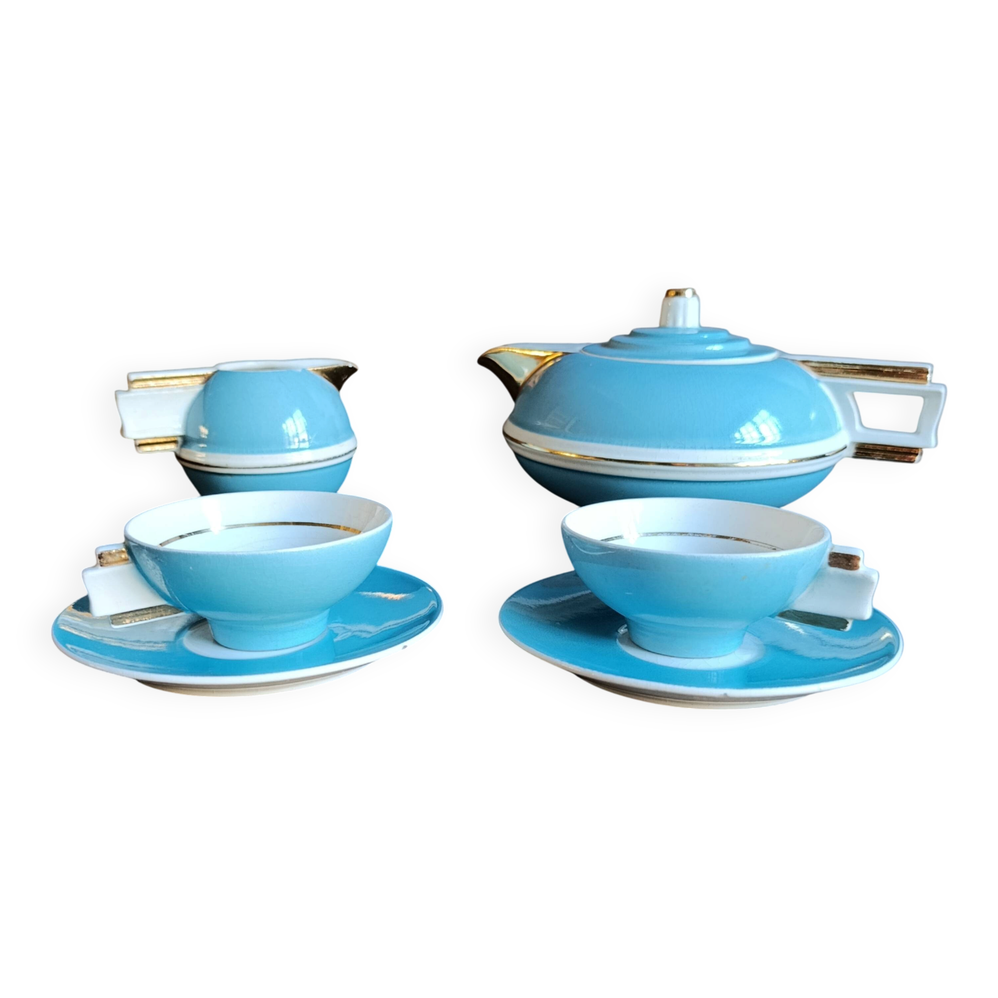 French Art Deco tea set for two – Turquoise blue