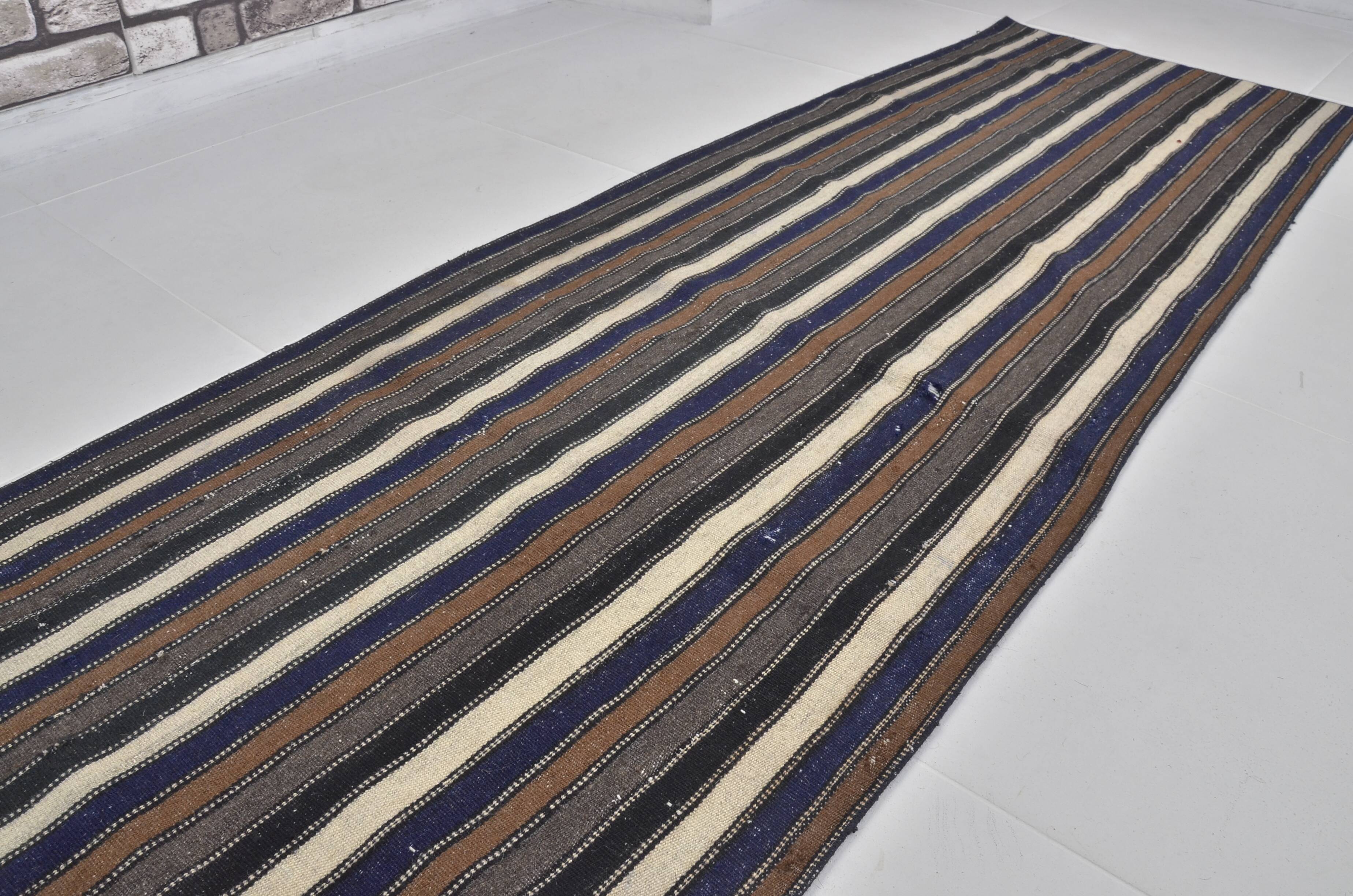 Couverture en kilim en laine turque Oushak à rayures, sku 3776