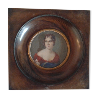 Miniature Quality Lady in Red and Blue Dress, Bulging Glass