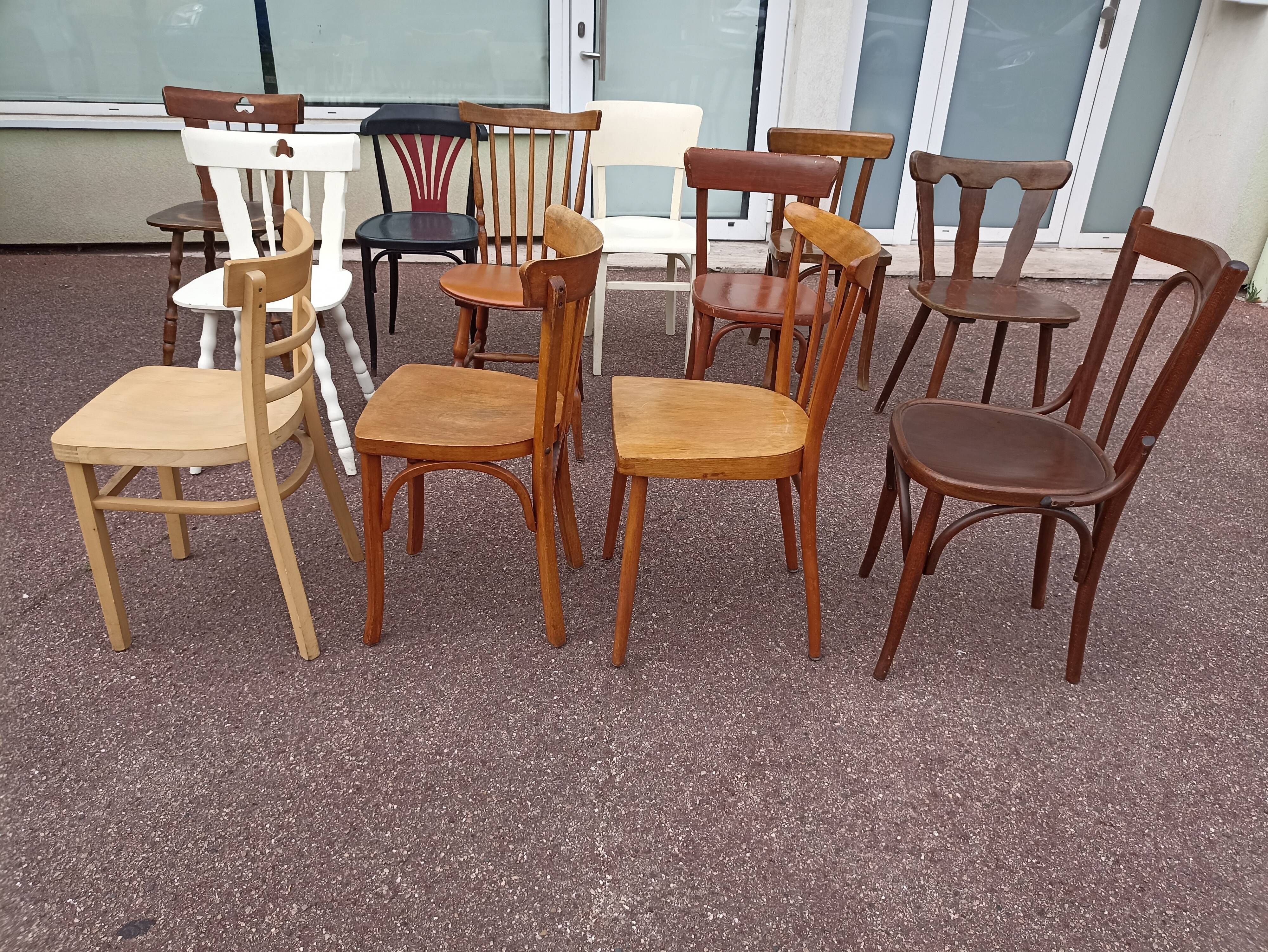 Set of 12 mismatched wooden bistro chairs - vintage