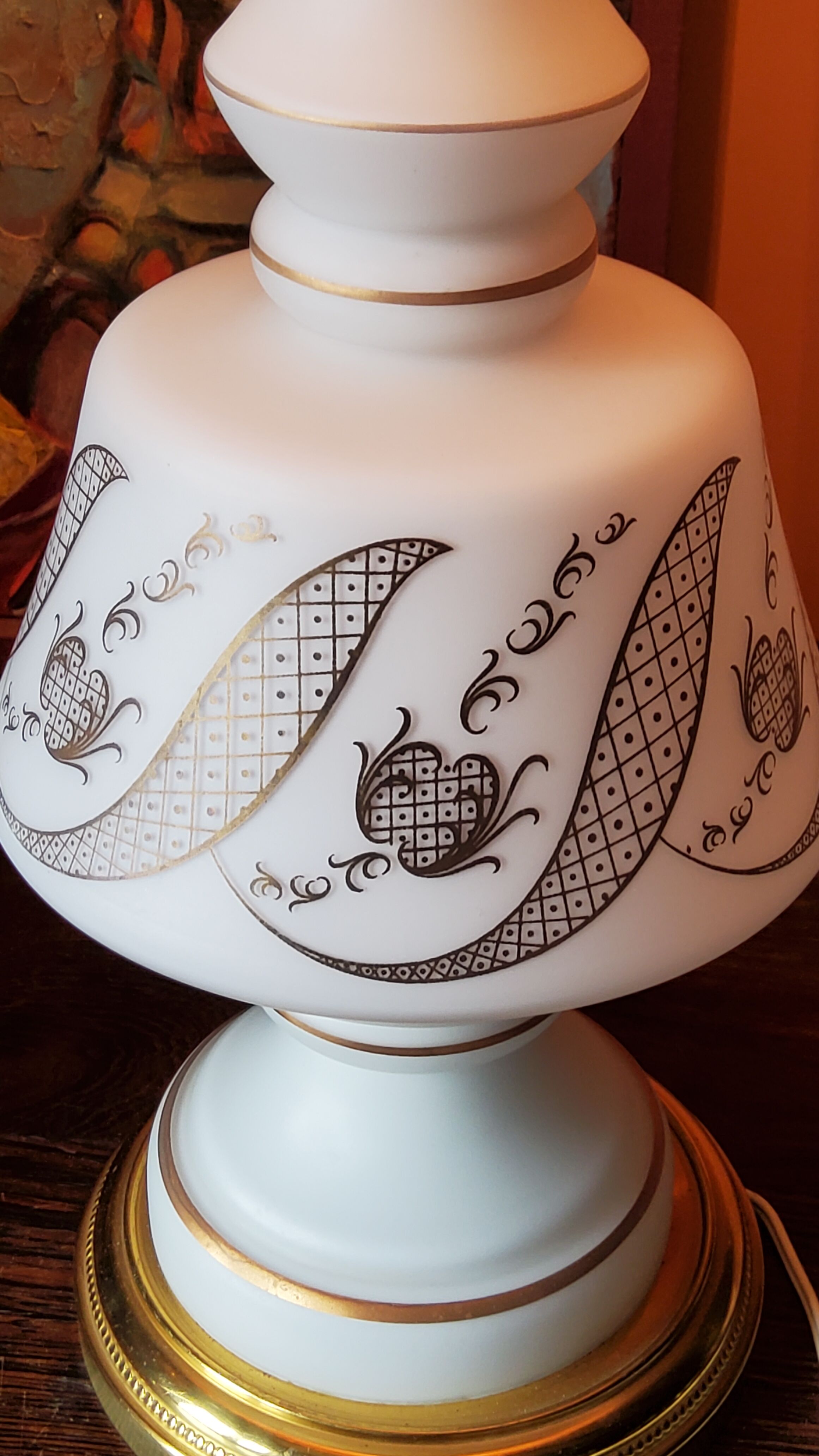 Vintage lamp of the 50s in white and golden opaline glass lampshade in red satin 75cm