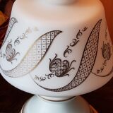 Vintage lamp of the 50s in white and golden opaline glass lampshade in red satin 75cm